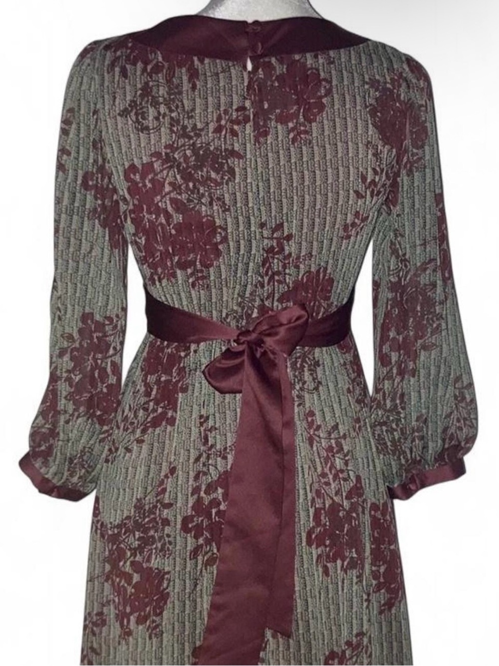 Vintage Inspired Burgundy Floral Long Sleeve Midi Dress with Satin Waist Tie